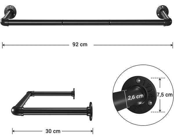 Zidna šipka za odjeću, nosivosti do 50kg, od čelika, crne boje | SONGMICS
