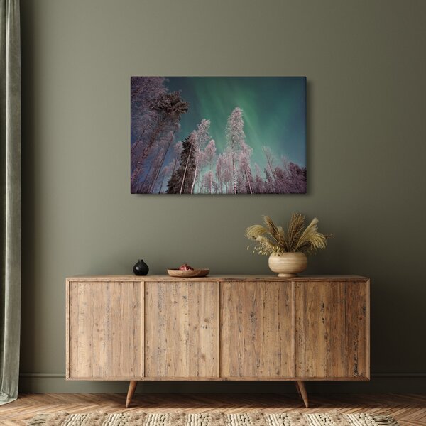Slika polarne svjetlosti nad zaleđenim drvećem (90x60 cm)