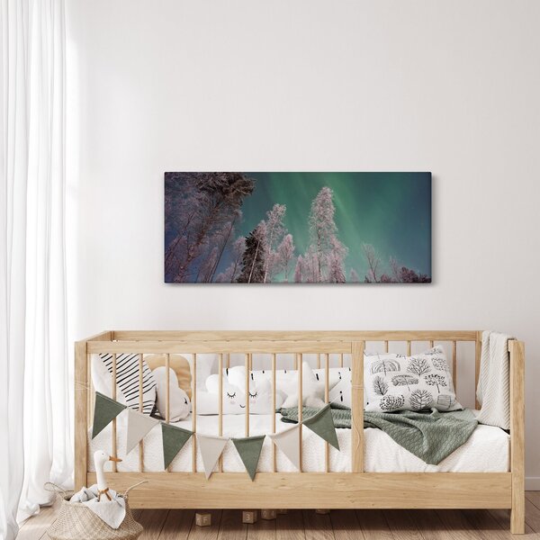 Slika polarne svjetlosti nad zaleđenim drvećem (120x50 cm)