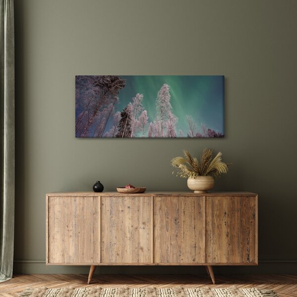 Slika polarne svjetlosti nad zaleđenim drvećem (120x50 cm)