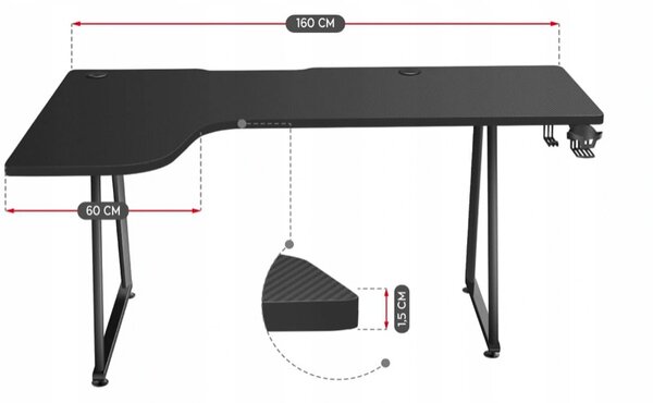 Prostrani kutni gaming stol za u crnoj boji