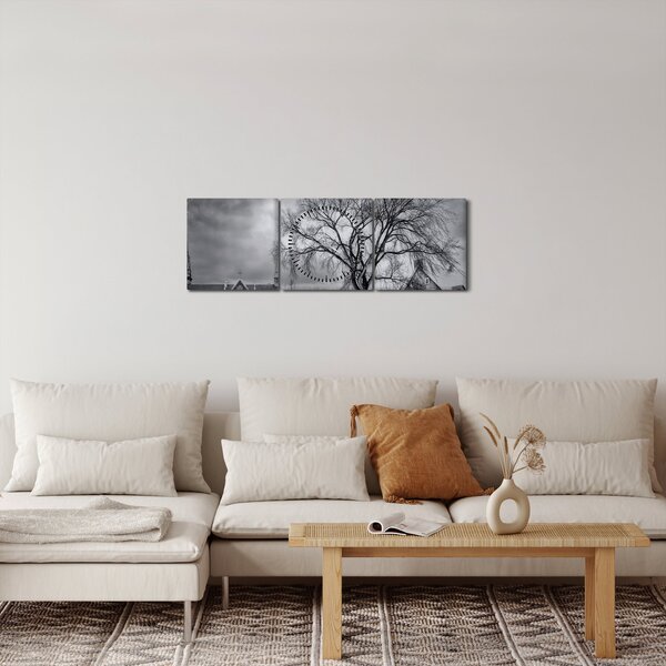 Slika crno-bijelog sela (sa satom) (90x30 cm)