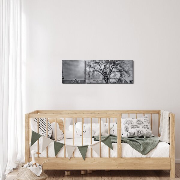 Slika crno-bijelog sela (sa satom) (90x30 cm)