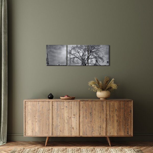 Slika crno-bijelog sela (sa satom) (90x30 cm)