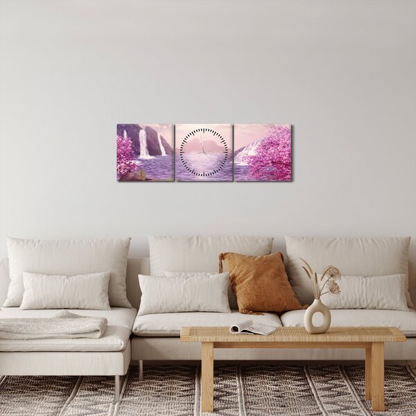Slika ružičastih stabala s jezerom (sa satom) (90x30 cm)