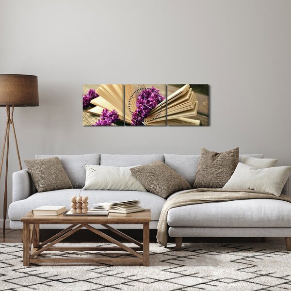 Slika knjige i ljubičastog cvijeća (sa satom) (90x30 cm)