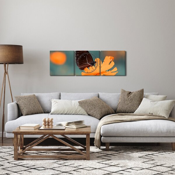 Slika - leptir na narančastom cvijetu (sa satom) (90x30 cm)