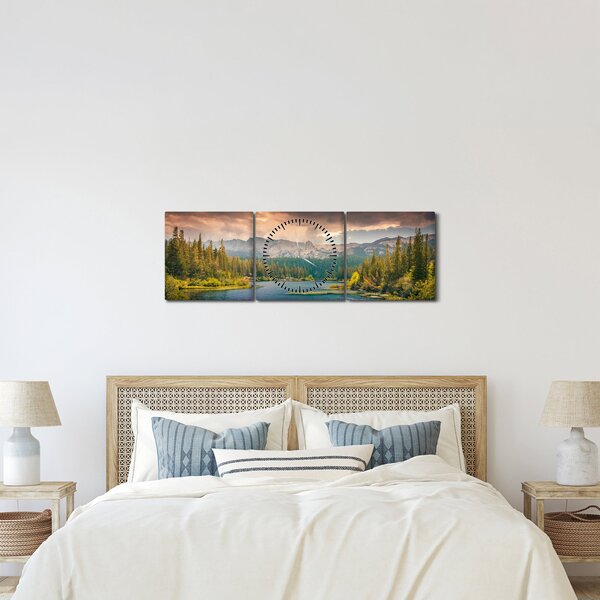 Slika planinske rijeke i planina (sa satom) (90x30 cm)