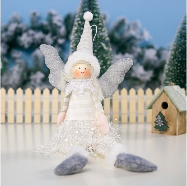 Božićna figura – sjedeći anđeo od pliša, 38 cm, bijela