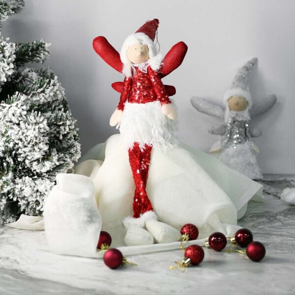Božićna figura – sjedeći anđeo od pliša, 50 cm, crvena