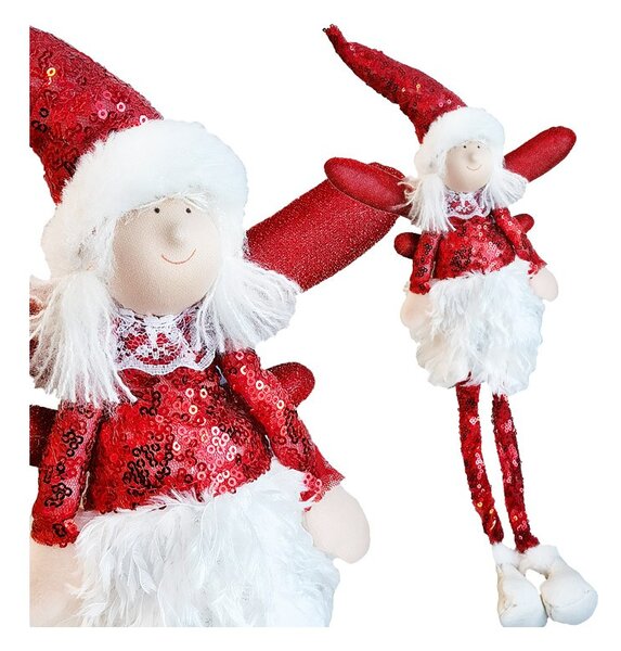 Božićna figura – sjedeći anđeo od pliša, 50 cm, crvena