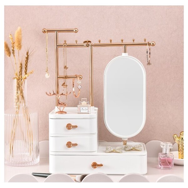 Ormarić za nakit – s ogledalom, s ladicama, bijeli