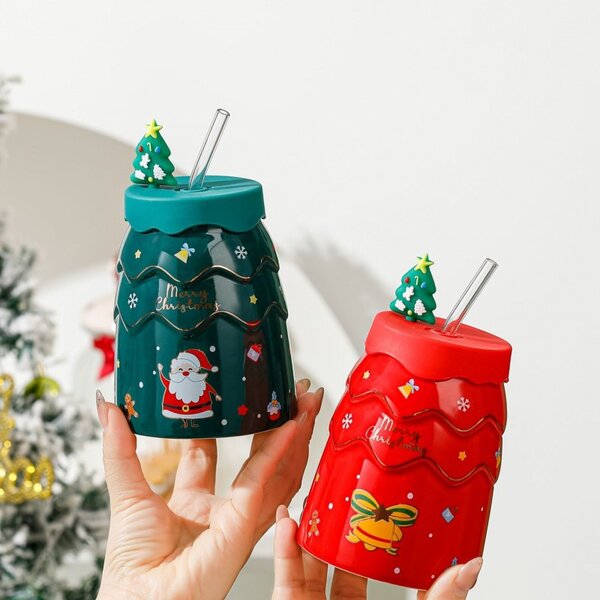 Božićna šalica – s poklopcem i slamkom, 400 ml, crvena