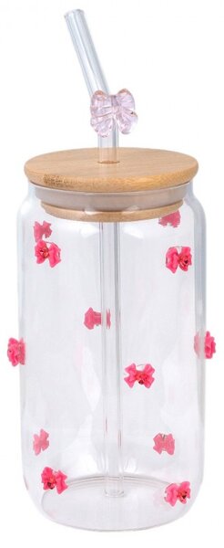 Staklena šalica – s poklopcem i slamkom, drvo, 460 ml, roza