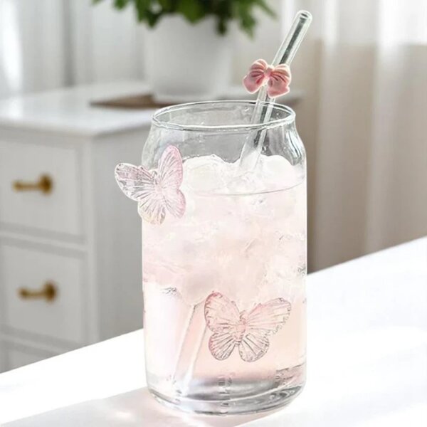 Staklena šalica – sa slamkom, 500 ml, roza