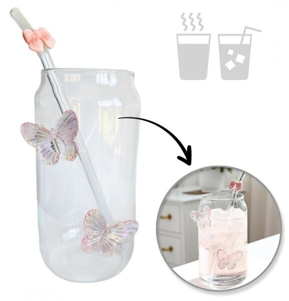 Staklena šalica – sa slamkom, 500 ml, roza