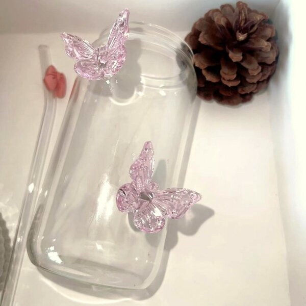 Staklena šalica – sa slamkom, 500 ml, roza