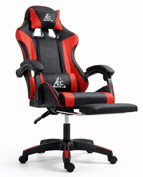 Gaming stolica – s masažerom i naslonom za noge, eko koža, 82×32×59 cm, crvena