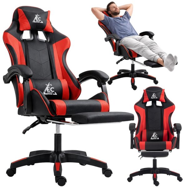 Gaming stolica – s masažerom i naslonom za noge, eko koža, 82×32×59 cm, crvena