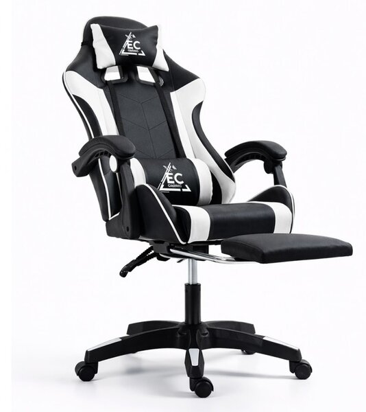 Gaming stolica – s masažerom i naslonom za noge, eko koža, 82×32×59 cm, bijela