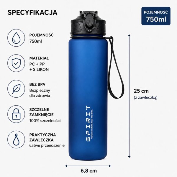 Boca za vodu – s mjerilom, 25 cm, 750 ml, plava
