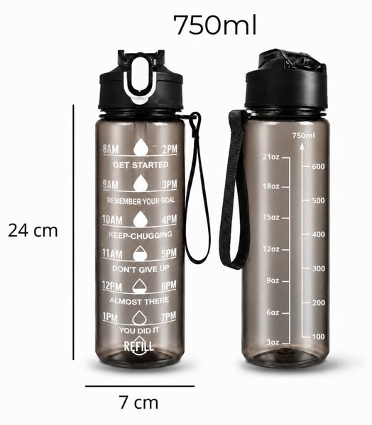 Boca za vodu – s mjerilom, 25 cm, 750 ml, crna