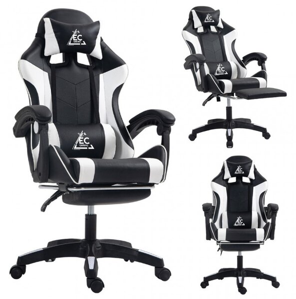 Gaming stolica – s masažerom i naslonom za noge, eko koža, 82×32×59 cm, bijela