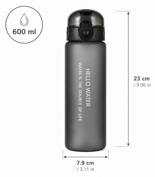 Boca za vodu, 23 cm, 600 ml, crna