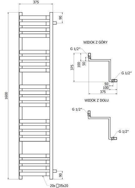 Mexen Loop kutni radijator 1600 x 375 mm, 837 W, crni - W129-1600-350-00-70