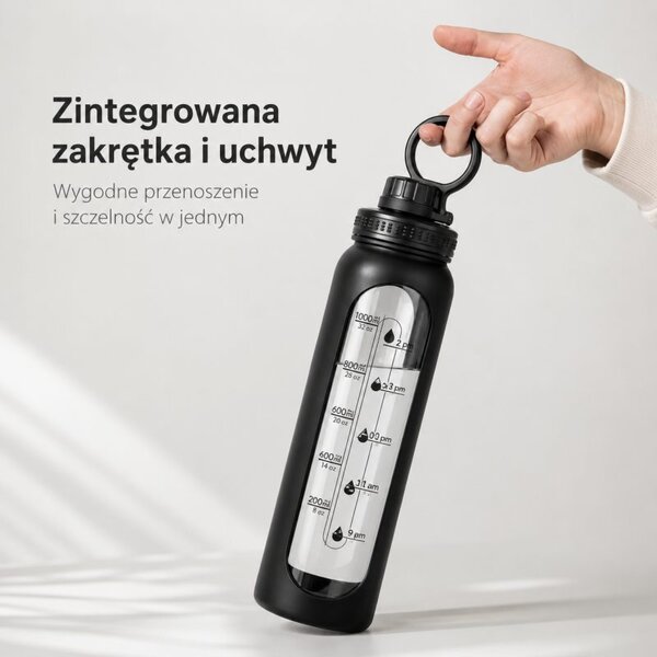 Boca za vodu – s ručkom, s mjerilom, 1000 ml, crna