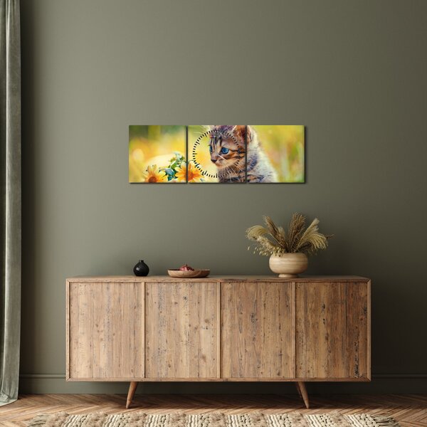 Slika mačića koji gleda cvijet (sa satom) (90x30 cm)
