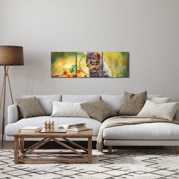 Slika mačića koji gleda cvijet (sa satom) (90x30 cm)