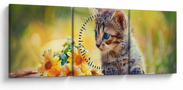 Slika mačića koji gleda cvijet (sa satom) (90x30 cm)