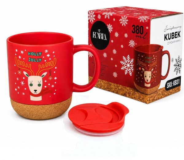 Božićna šalica – s poklopcem, 380 ml, crvena, KB31