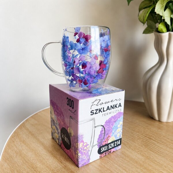 Termo čaša s cvijećem, 300 ml, plava