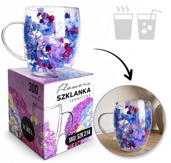 Termo čaša s cvijećem, 300 ml, plava