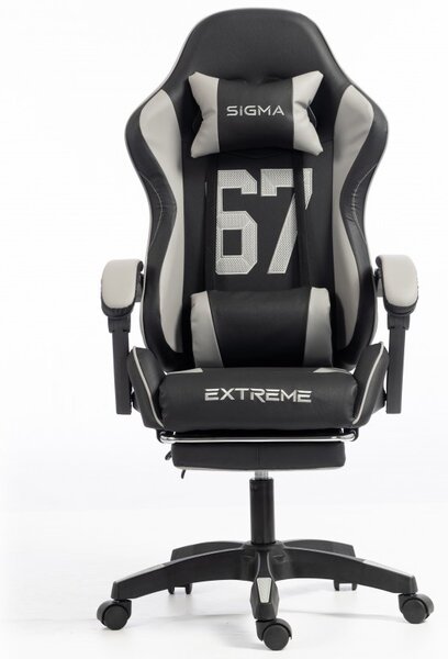 Gaming stolica – s naslonom za noge, eko koža, 110 cm, siva