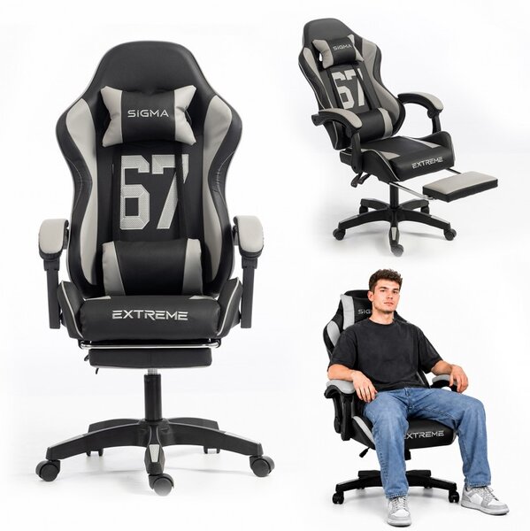 Gaming stolica – s naslonom za noge, eko koža, 110 cm, siva