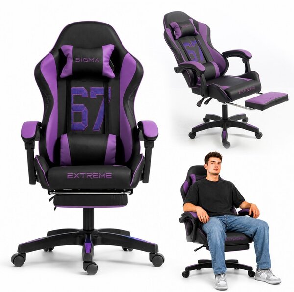 Gaming stolica – s naslonom za noge, eko koža, 110 cm, ljubičasta
