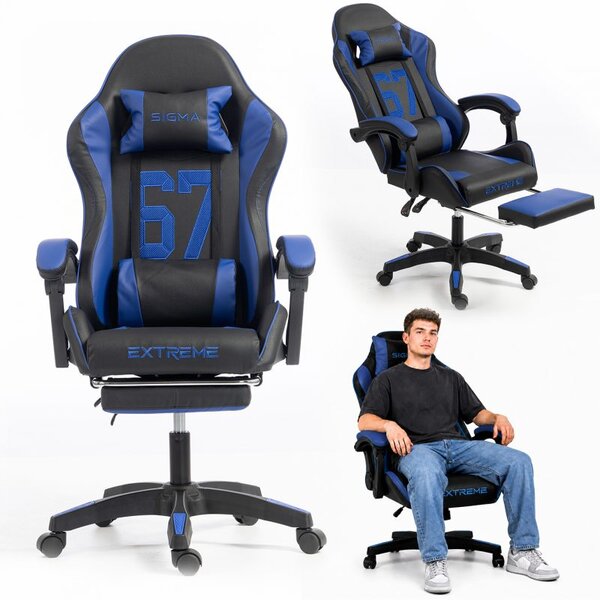 Gaming stolica – s naslonom za noge, eko koža, 110 cm, plava