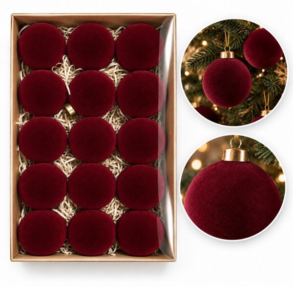 Kuglice za bor – set od 15 kom, od baršuna, 7 cm