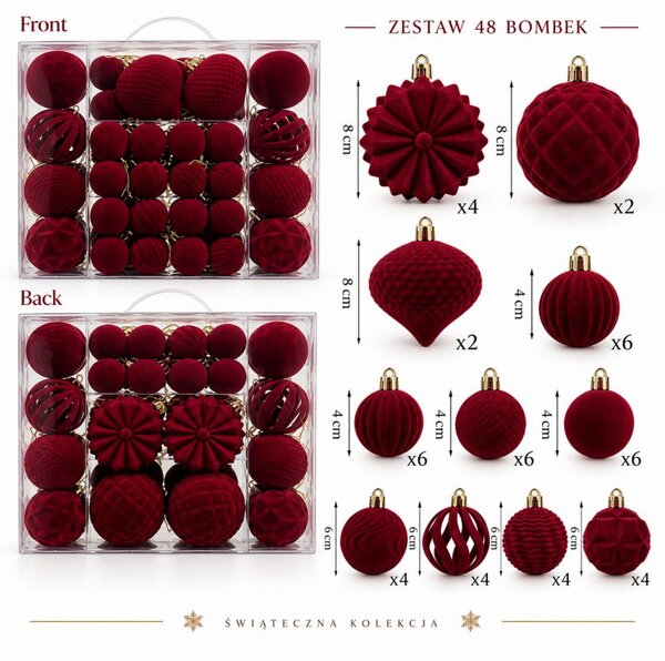 Kuglice za bor – set od 48 kom, od baršuna, 28 cm