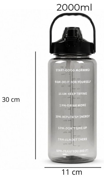 Boca za vodu – s mjerilom, 11 cm, 2000 ml, crna