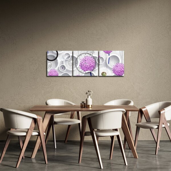 3D slika apstrakcije s krugovima i cvijećem (sa satom) (90x30 cm)