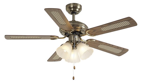 Ventilator za strop od mjedi s drvenim uzorkom i ratanom 105 cm s poteznim prekidačem - Mistral Lia