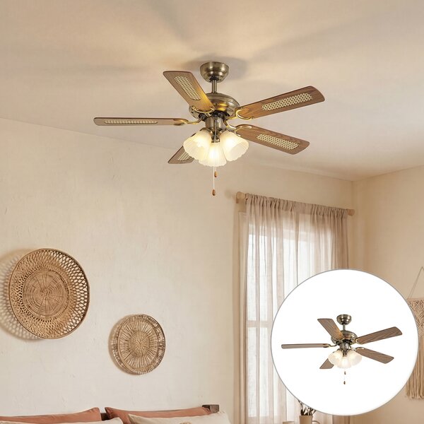 Ventilator za strop od mjedi s drvenim uzorkom i ratanom 105 cm s poteznim prekidačem - Mistral Lia