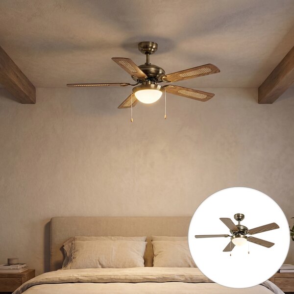 Stropni ventilator mjed s drvenim uzorkom i ratanom 105 cm s poteznim prekidačem - Mistral Majas