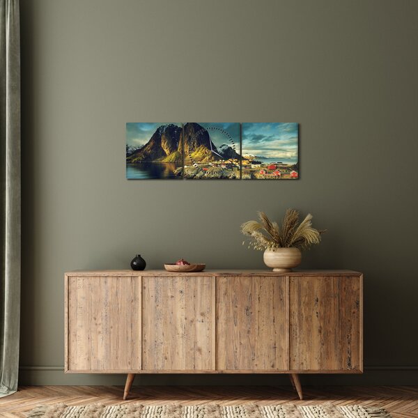 Slika ribarskog sela u Norveškoj (sa satom) (90x30 cm)