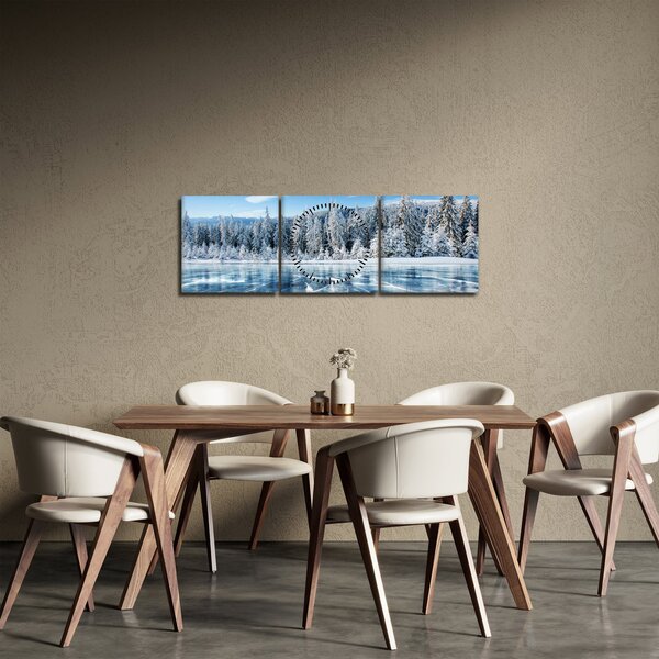 Slika zaleđenog jezera i sniježnih stabala (sa satom) (90x30 cm)