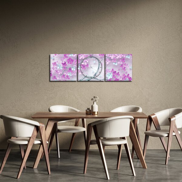 Slika cvijeća na srebrnom deblu - apstrakcija (sa satom) (90x30 cm)